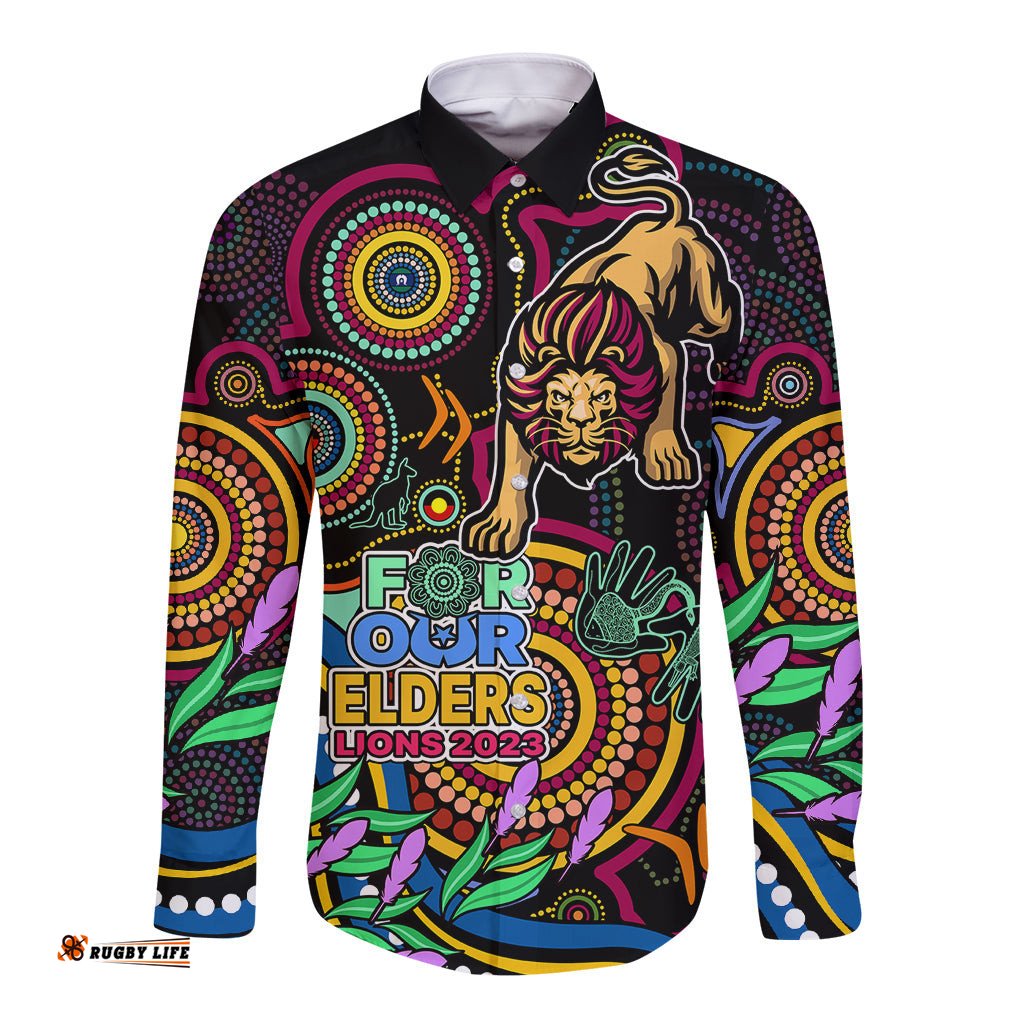 Lions Football Aboriginal Art Long Sleeve Button Shirt NAIDOC Indigenous Tribal