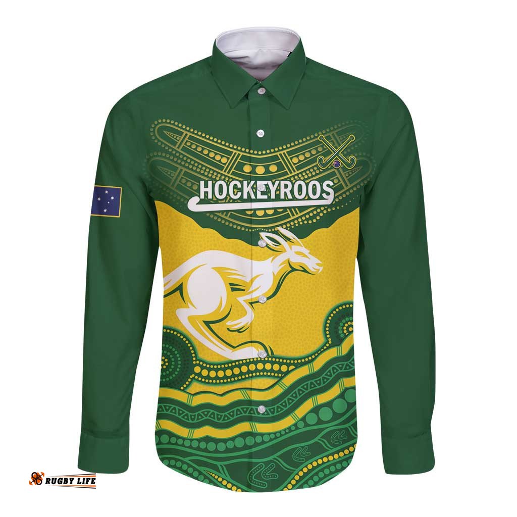 Custom Australia Hockeyroos Long Sleeve Button Shirt Aussie Kangaroo Indigenous Art