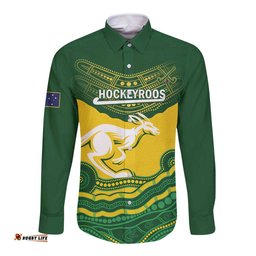 Custom Australia Hockeyroos Long Sleeve Button Shirt Aussie Kangaroo Indigenous Art