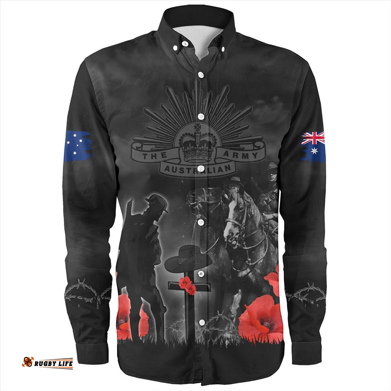 Australia Long Sleeve Button Shirt Anzac Lest We Forget Light Horse Design