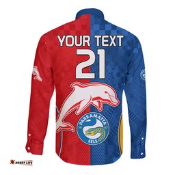 Custom Text And Number NRL Dolphins Combine Parra Eels Long Sleeve Button Shirt Sporty Style