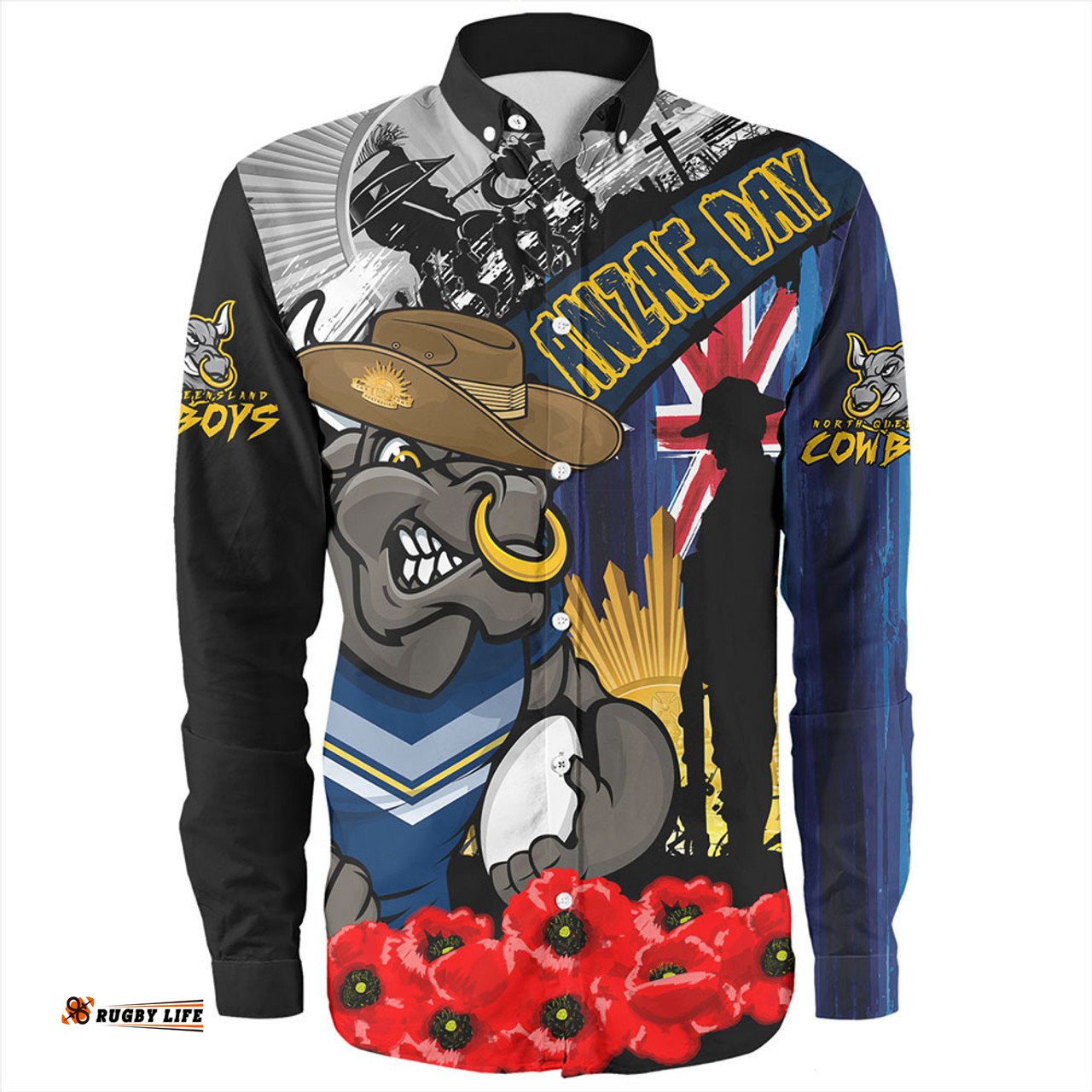 North Queensland Cowboys Long Sleeve Button Shirt United In Spirit Anzac Day Tribute