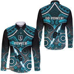 Port Adelaide Football Long Sleeve Button Shirt Power Aboriginal Mix Polynesian Pattern