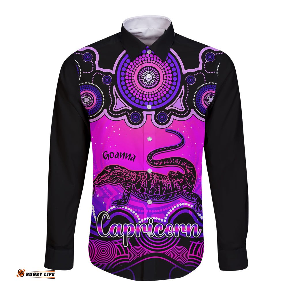 Personalised Australia Capricorn Goanna Zodiac Long Sleeve Button Shirt Auz Astrology Aboriginal - Magenta