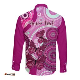 Personalised Australia Breast Cancer Long Sleeve Button Shirt Indigenous Butterfly No One Fights Alone
