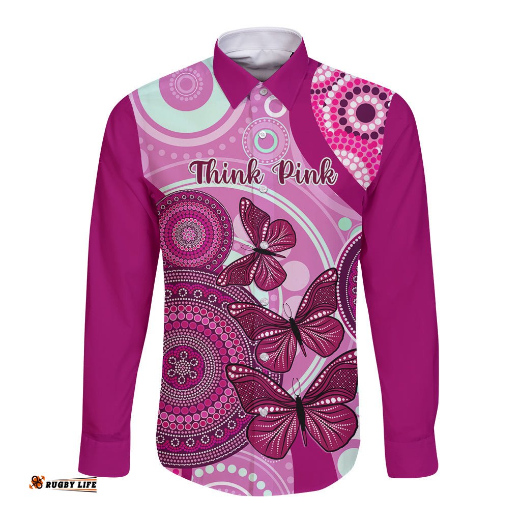 Personalised Australia Breast Cancer Long Sleeve Button Shirt Indigenous Butterfly No One Fights Alone