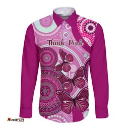 Personalised Australia Breast Cancer Long Sleeve Button Shirt Indigenous Butterfly No One Fights Alone