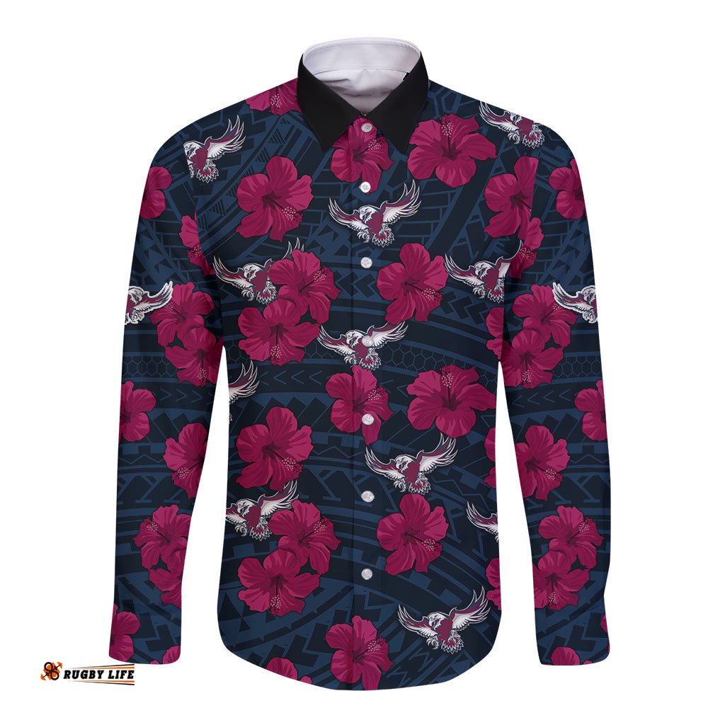 Custom Text And Number Sea Eagles Rugby Long Sleeve Button Shirt Polynesian Style With Hibiscus