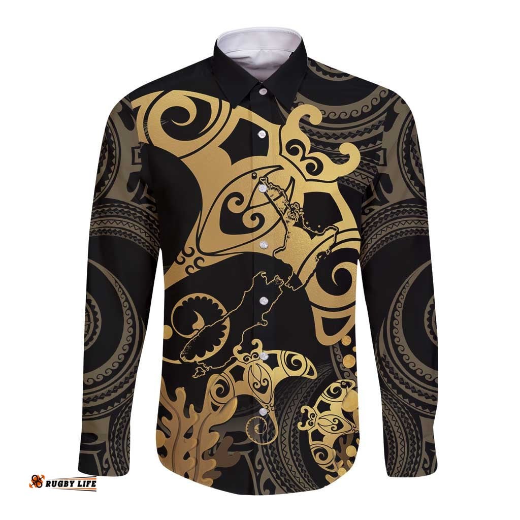 Black And Gold Aotearoa Whai Long Sleeve Button Shirt NZ Stingrays Maori Curves Style