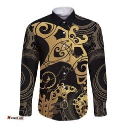 Black And Gold Aotearoa Whai Long Sleeve Button Shirt NZ Stingrays Maori Curves Style