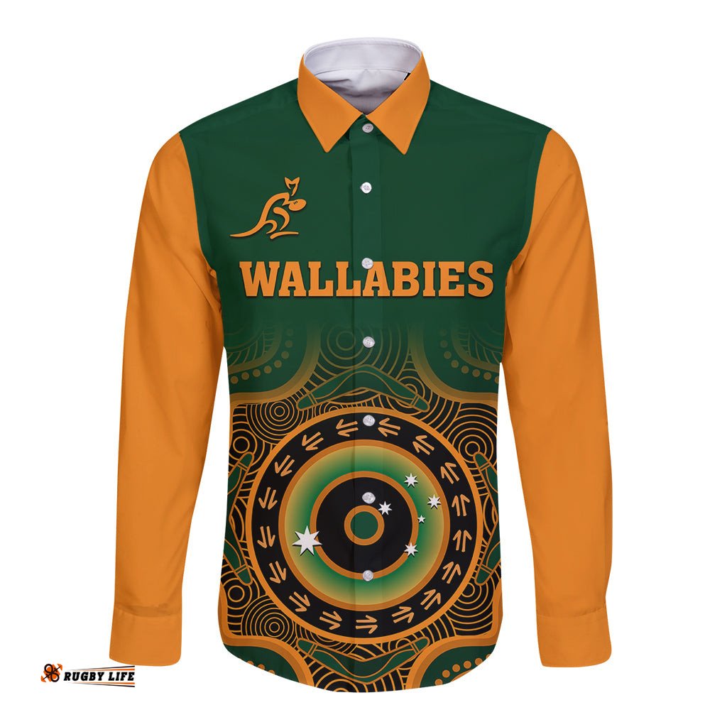 Wallabies Rugby Long Sleeve Button Shirt Aussie Go Champions Indigenous Green