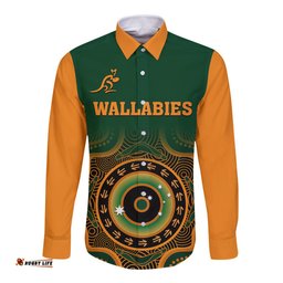 Wallabies Rugby Long Sleeve Button Shirt Aussie Go Champions Indigenous Green