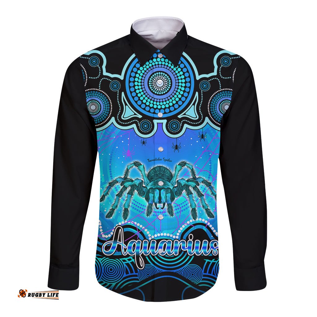 Personalised Australia Scorpio Tarantulas Spider Zodiac Long Sleeve Button Shirt Auz Astrology Aboriginal - Aqua