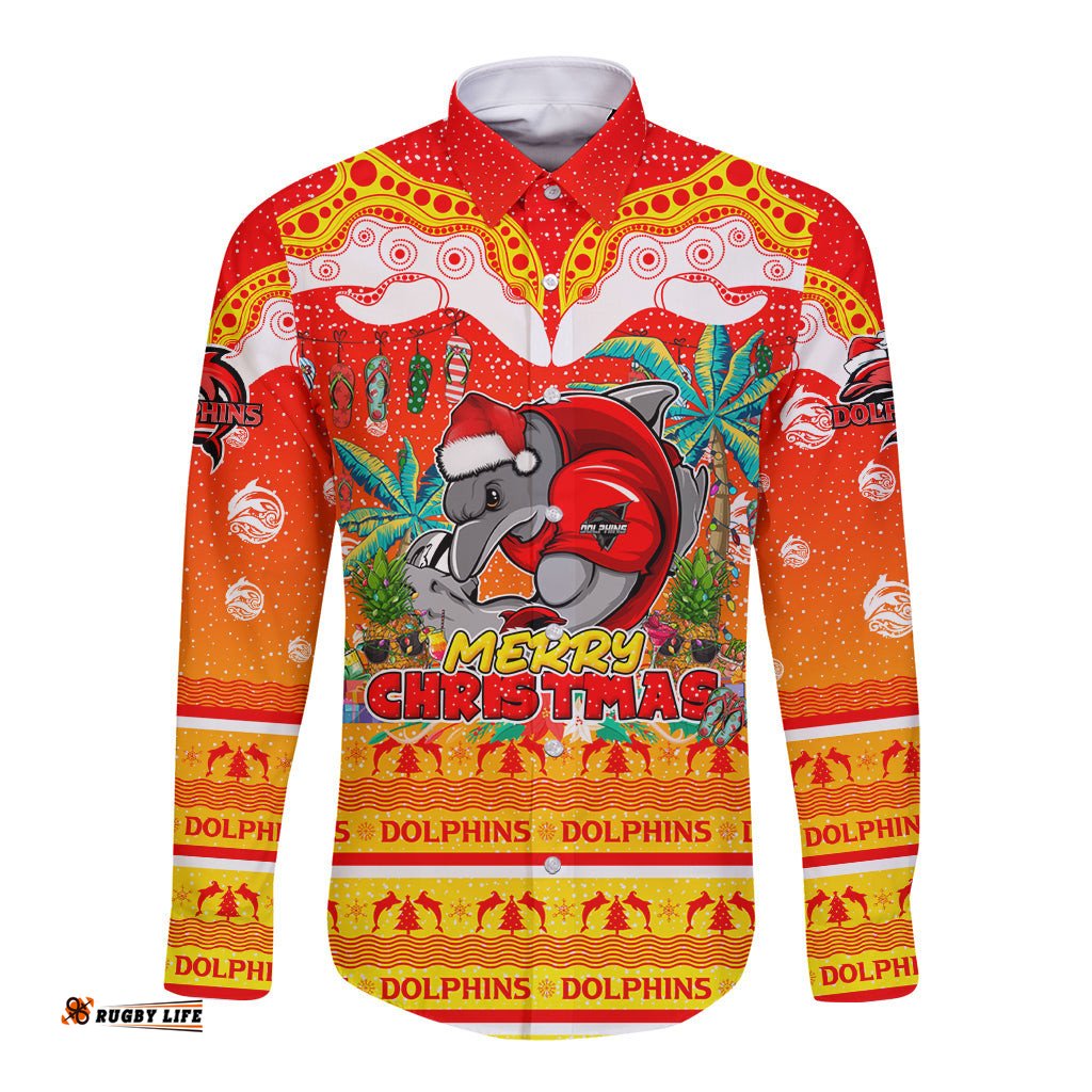 Dolphins Christmas Long Sleeve Button Shirt Merry Xmas NRL Australia Rugby