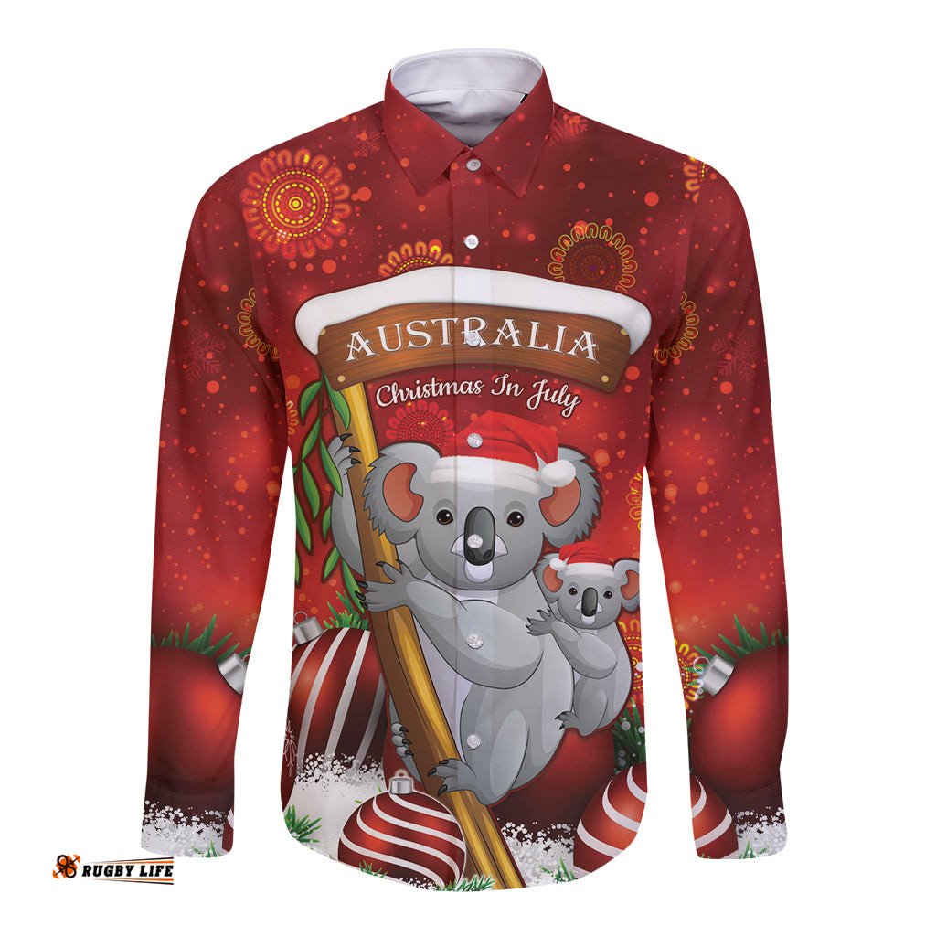 Australia Koala Long Sleeve Button Shirt Christmas In July Red