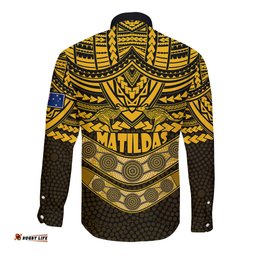 Matildas Soccer Long Sleeve Button Shirt Polynesian and Aboriginal Gold Vibe