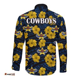 Cowboys Rugby Long Sleeve Button Shirt Polynesian Style With Hibiscus