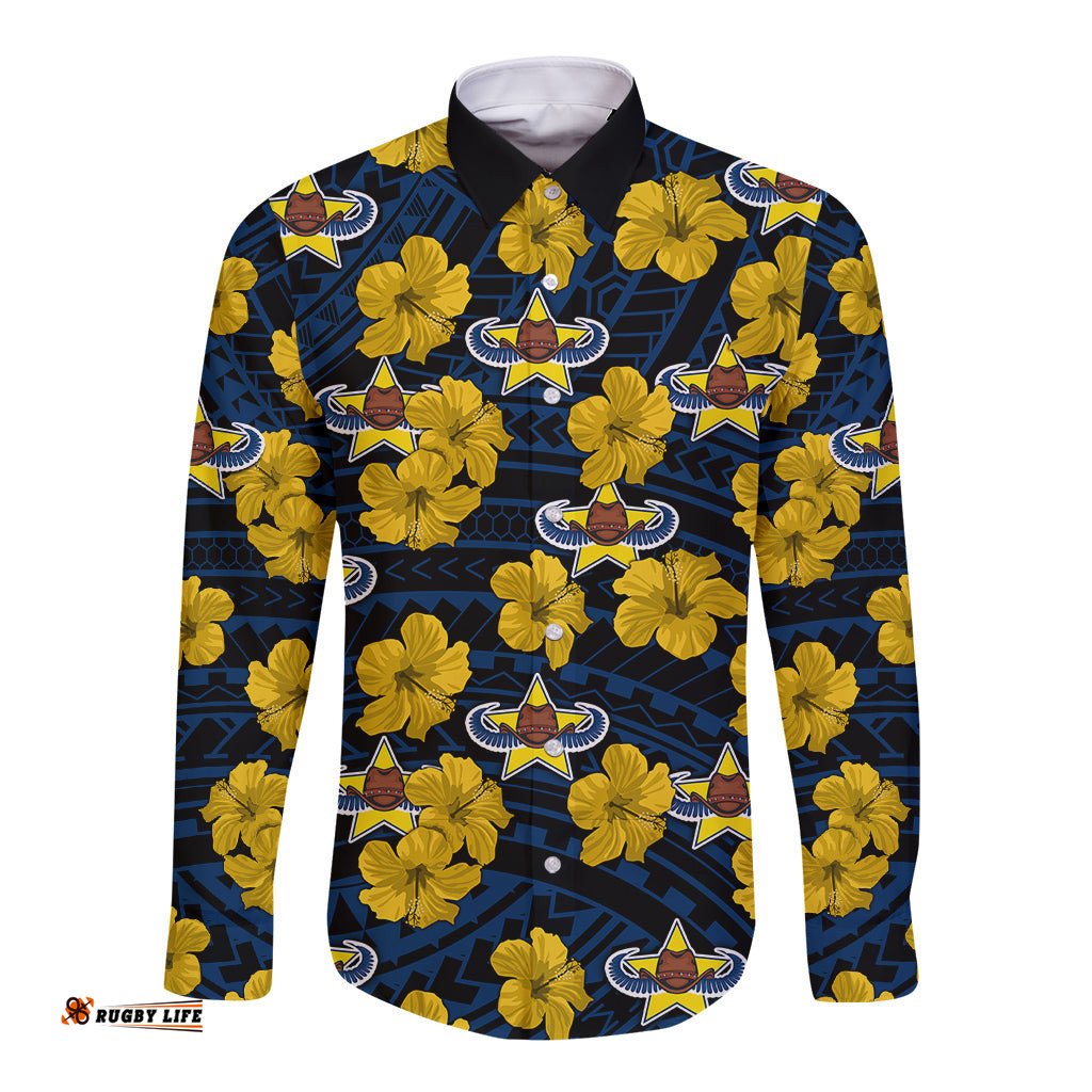 Cowboys Rugby Long Sleeve Button Shirt Polynesian Style With Hibiscus