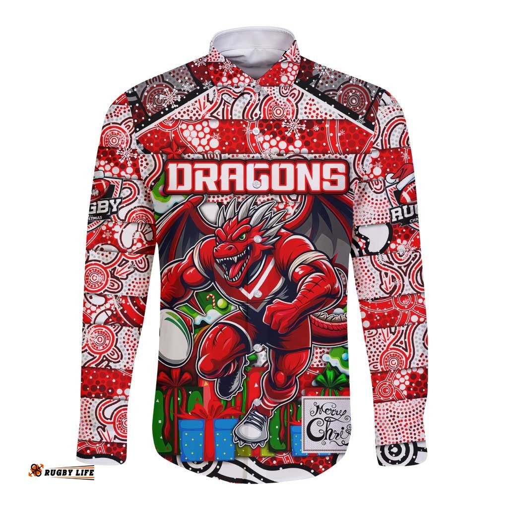 Custom Dragons Rugby Merry Christmas Long Sleeve Button Shirt Indigenous Australian Art