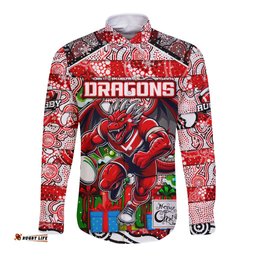 Custom Dragons Rugby Merry Christmas Long Sleeve Button Shirt Indigenous Australian Art