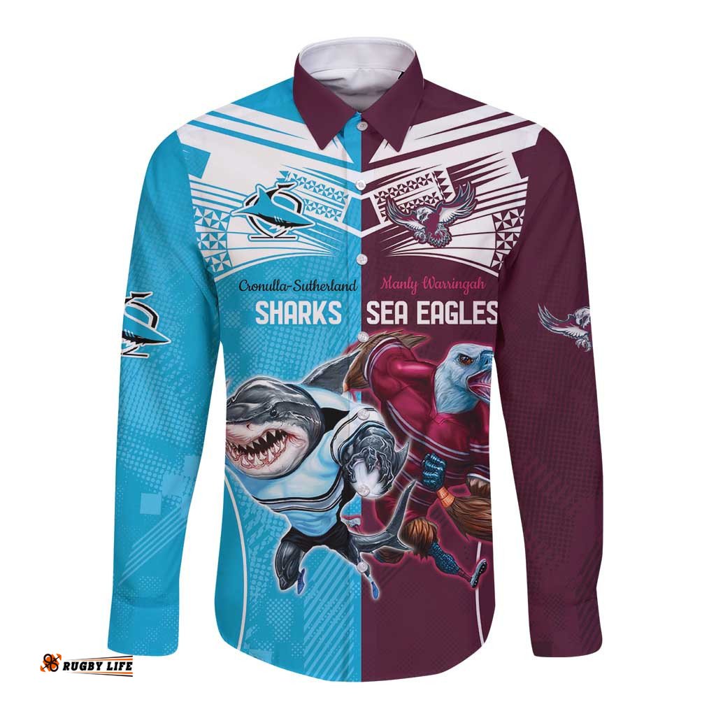 Custom Sea Eagles And Sharks Rugby Long Sleeve Button Shirt Sporty Style