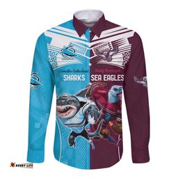 Custom Sea Eagles And Sharks Rugby Long Sleeve Button Shirt Sporty Style
