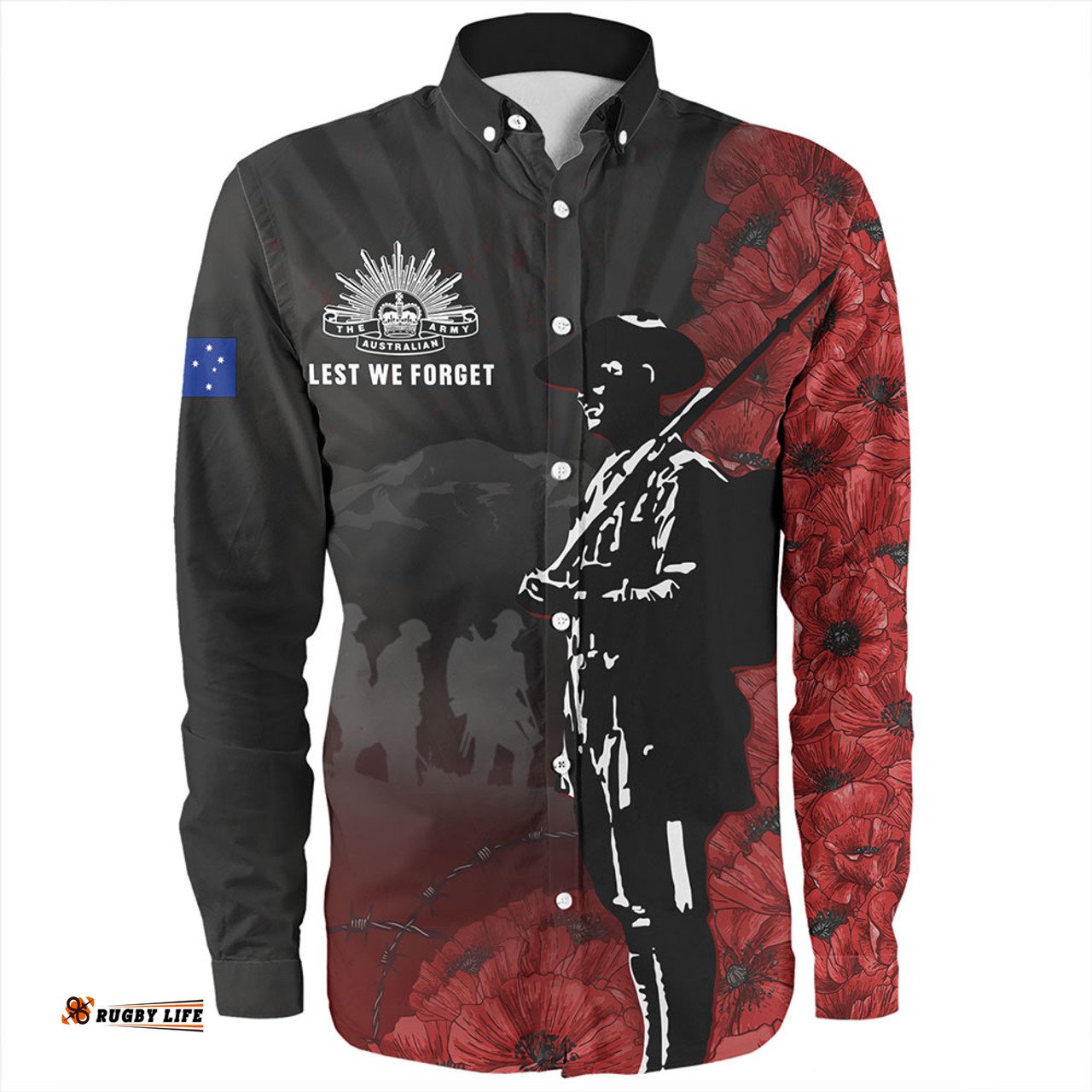 Australia Long Sleeve Button Shirt Anzac Day Lest We Forget Soldier Stencil Art