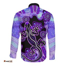 Australia Opal Long Sleeve Button Shirt Aussie Lizard With Aboriginal Art Purple