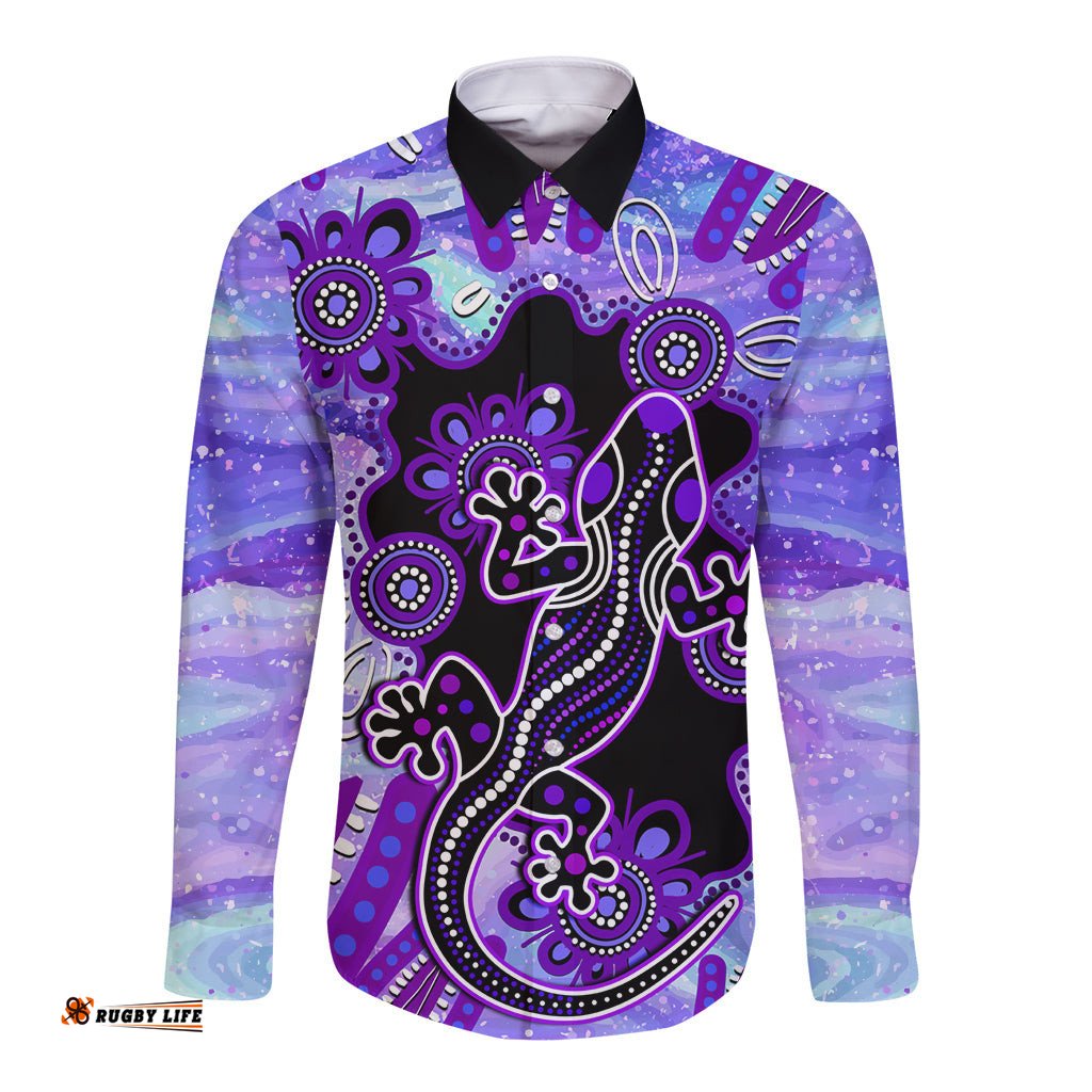 Australia Opal Long Sleeve Button Shirt Aussie Lizard With Aboriginal Art Purple