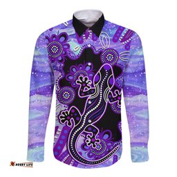 Australia Opal Long Sleeve Button Shirt Aussie Lizard With Aboriginal Art Purple
