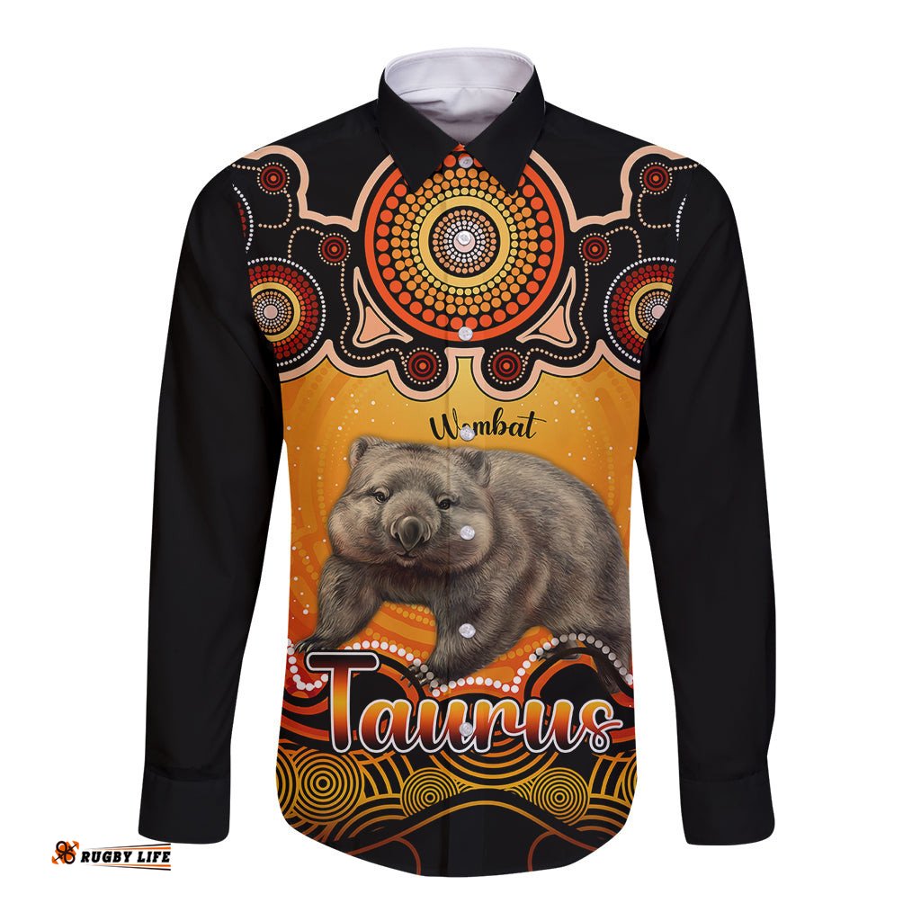 Personalised Australia Taurus Wombat Zodiac Long Sleeve Button Shirt Auz Astrology Aboriginal Red