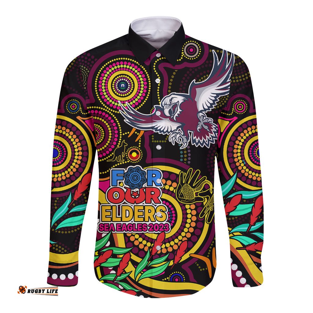 Custom Sea Eagles Rugby Aboriginal Art Long Sleeve Button Shirt NAIDOC Indigenous Tribal
