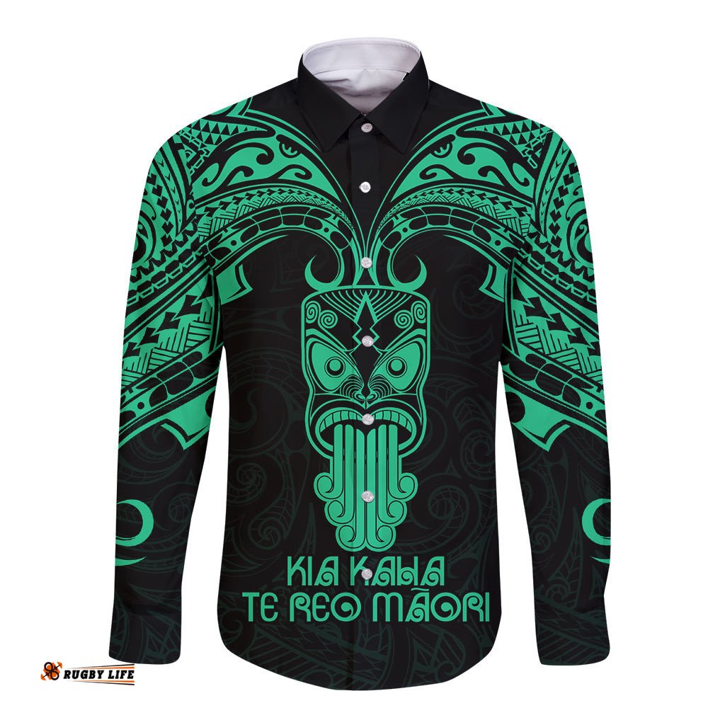 Personalised New Zealand Te Reo Maori Long Sleeve Button Shirt Kia Kaha Maori Language Week Green Style