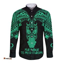 Personalised New Zealand Te Reo Maori Long Sleeve Button Shirt Kia Kaha Maori Language Week Green Style