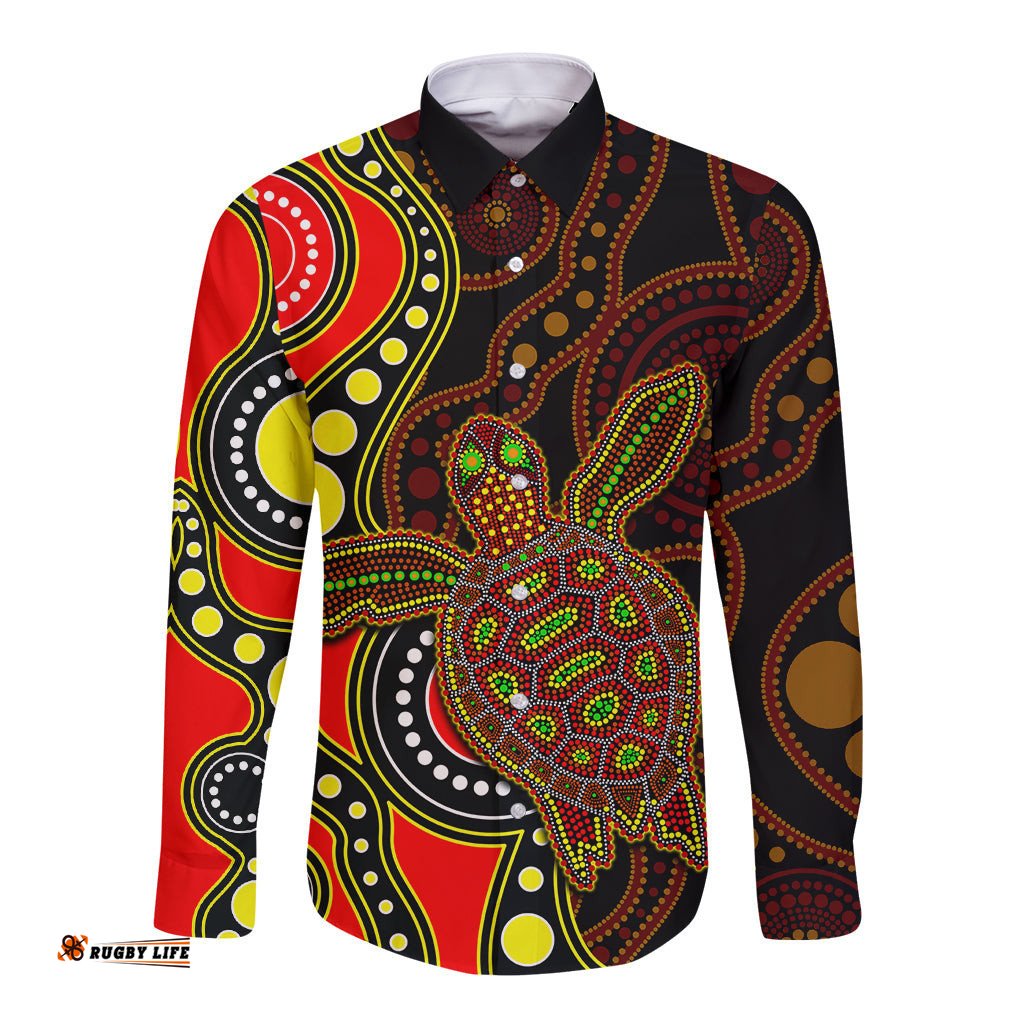 Aboriginal Turtle Long Sleeve Button Shirt Red Style