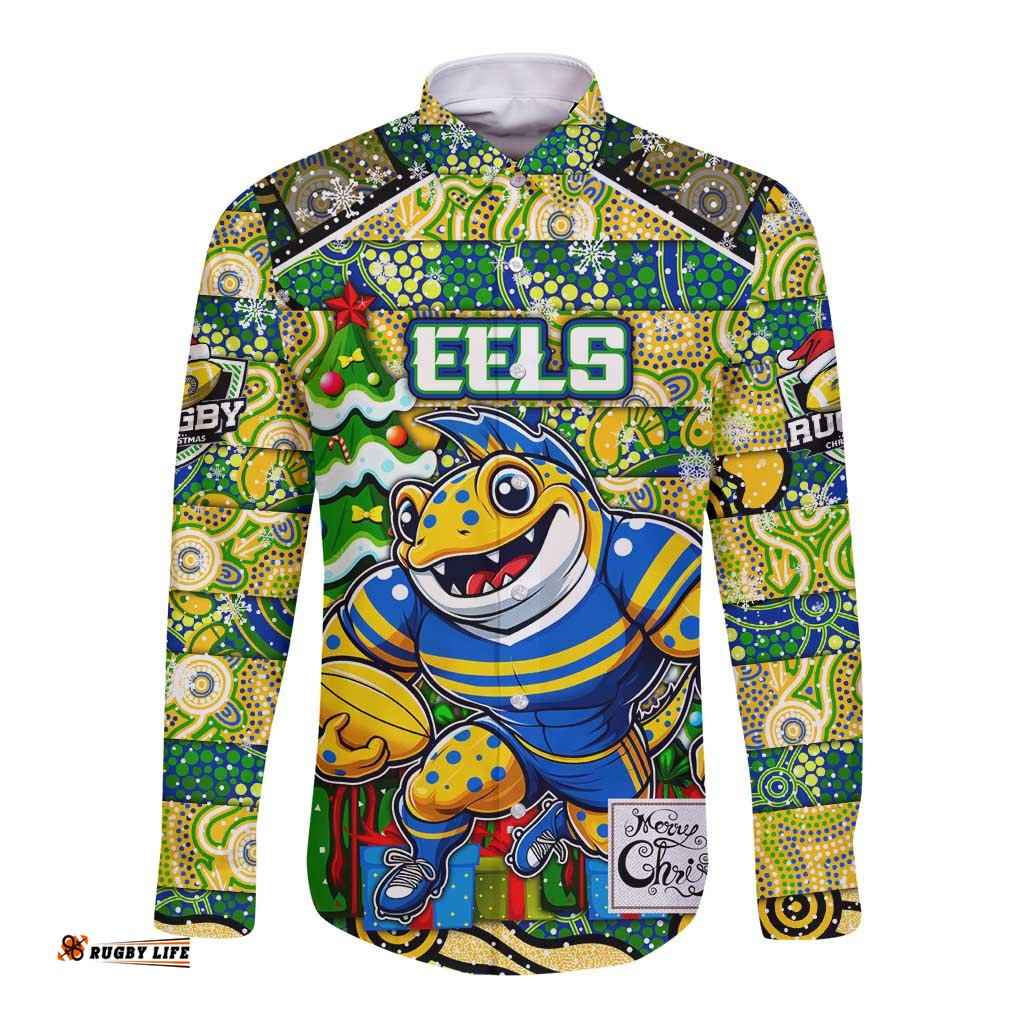 Custom Eels Rugby Merry Christmas Long Sleeve Button Shirt Indigenous Australian Art