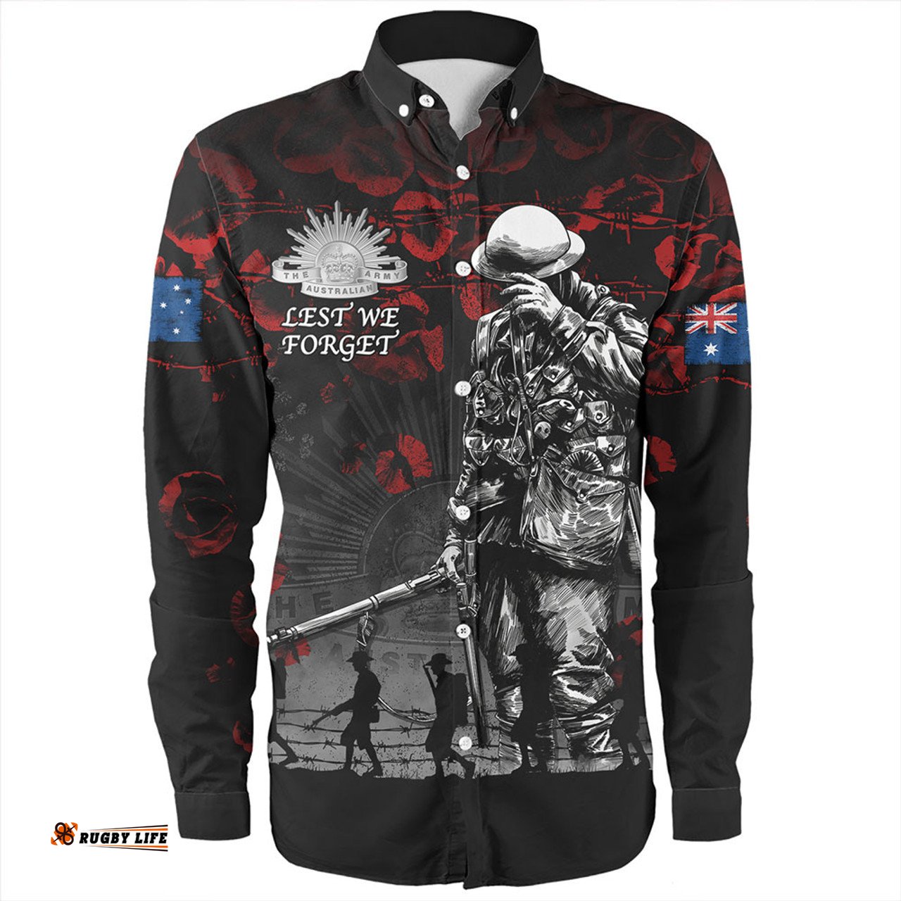 Australia Long Sleeve Button Shirt Anzac Day Poppy Pride Honoring The Fallen