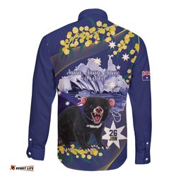 Tasimania Devil Australia Day Long Sleeve Button Shirt Aussie Aussie Aussie Oi! Oi! Oi! Blue