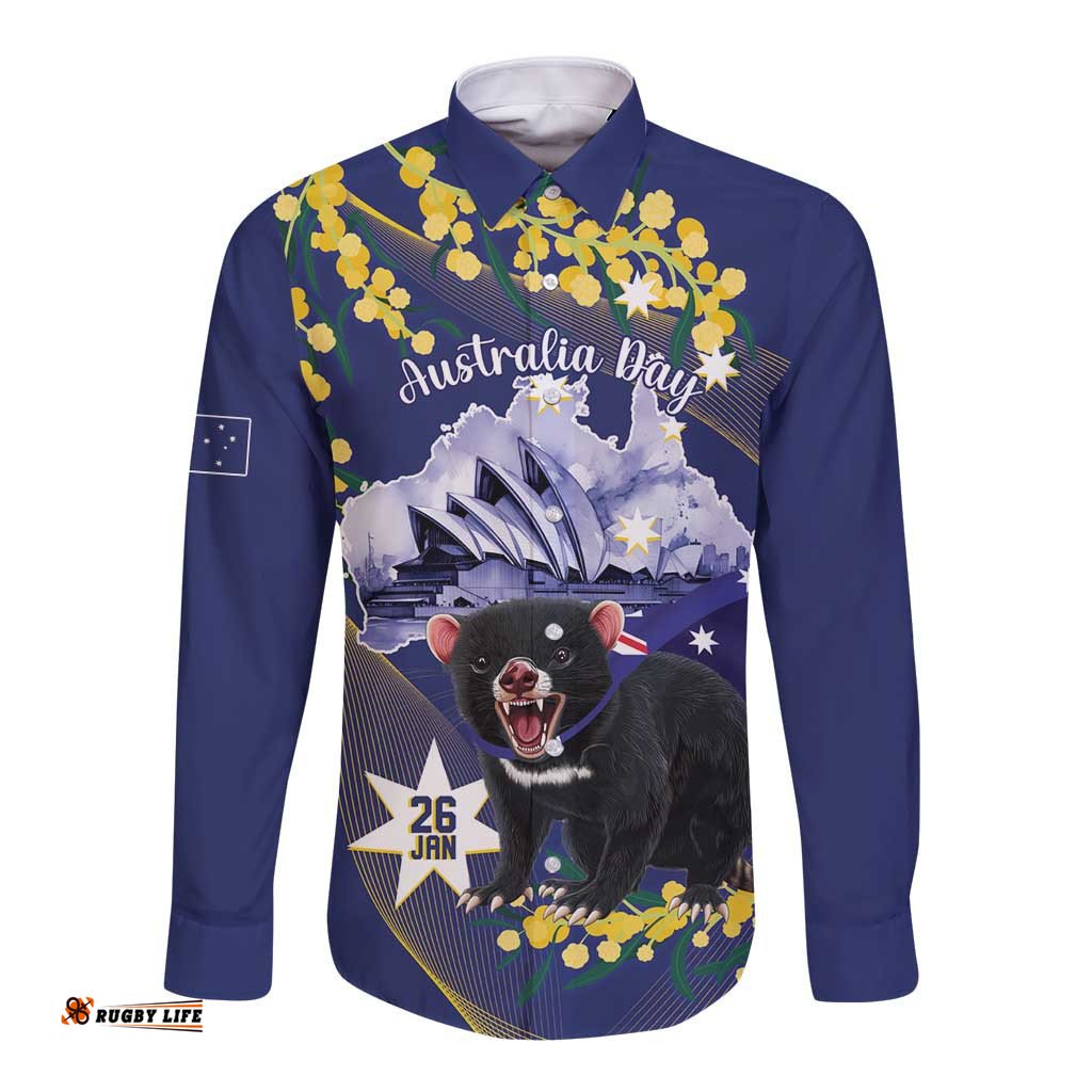 Tasimania Devil Australia Day Long Sleeve Button Shirt Aussie Aussie Aussie Oi! Oi! Oi! Blue