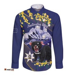 Tasimania Devil Australia Day Long Sleeve Button Shirt Aussie Aussie Aussie Oi! Oi! Oi! Blue