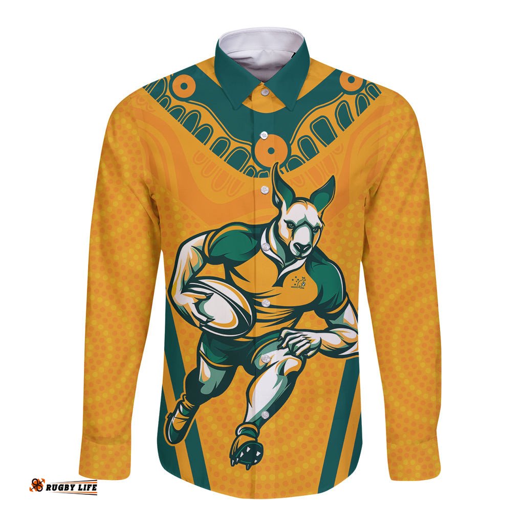 Custom Australia Rugby Long Sleeve Button Shirt Wallabies Mascots Sporty Version