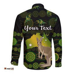 Custom Personalised Australia Long Sleeve Button Shirt Golden Wattle Mix Kangaroo And Map