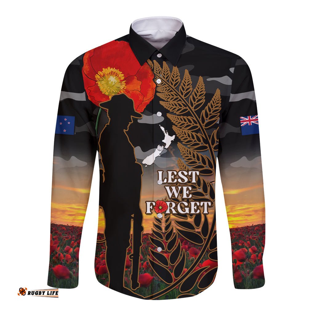 New Zealand ANZAC Day Long Sleeve Button Shirt Lest We Forget Silver Fern With Camouflage