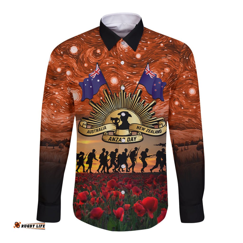 The Rising Sun Badge ANZAC Long Sleeve Button Shirt Last Post Field of Poppy Starry Night Style