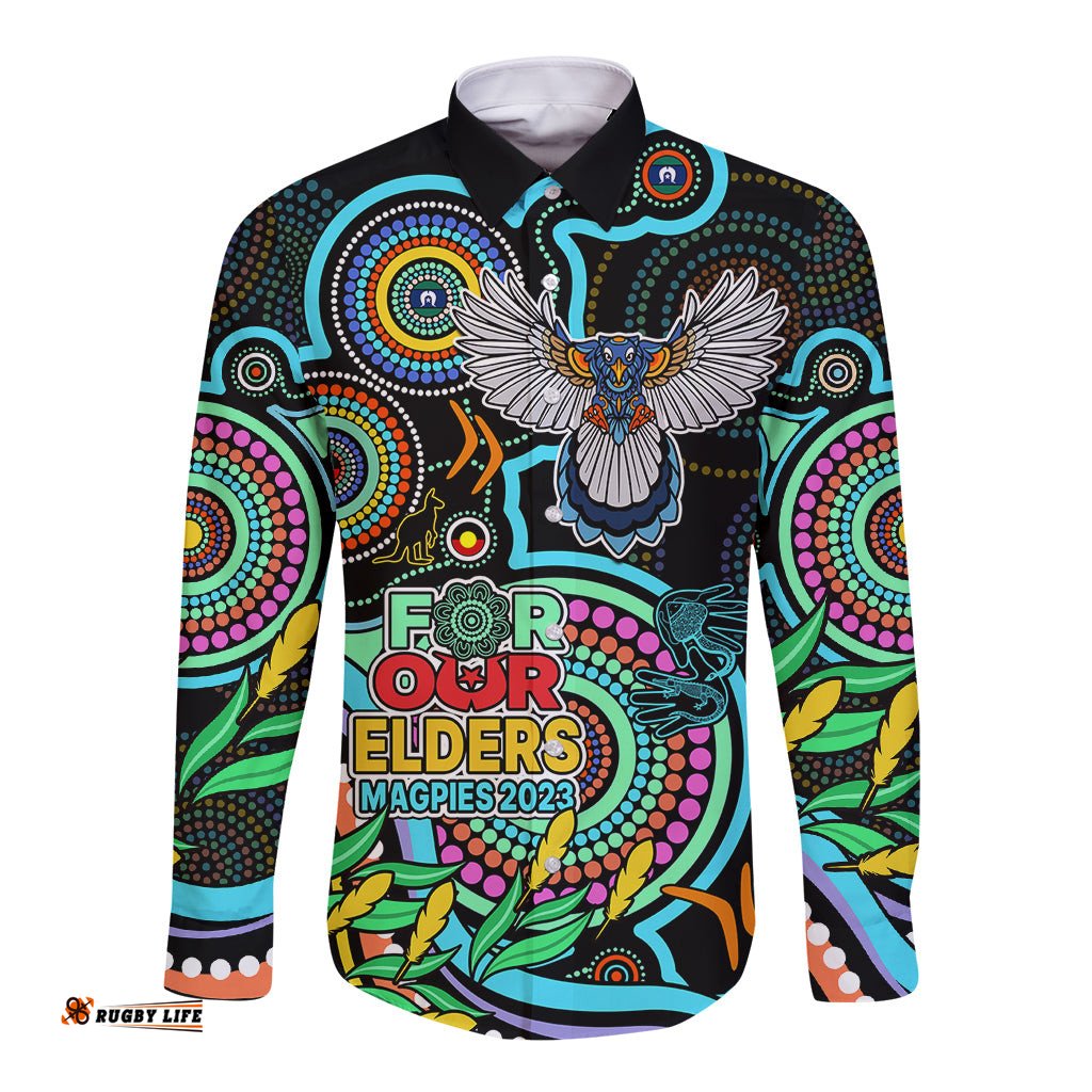 Magpies Football Aboriginal Art Long Sleeve Button Shirt NAIDOC Indigenous Tribal