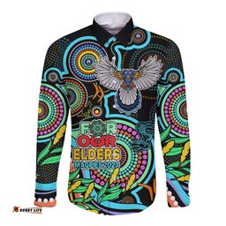 Magpies Football Aboriginal Art Long Sleeve Button Shirt NAIDOC Indigenous Tribal