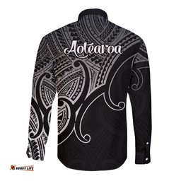 Aotearoa Maori Koru Long Sleeve Button Shirt Polynesian Pacific Tribal Black