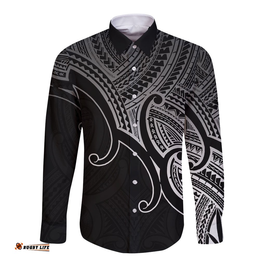 Aotearoa Maori Koru Long Sleeve Button Shirt Polynesian Pacific Tribal Black