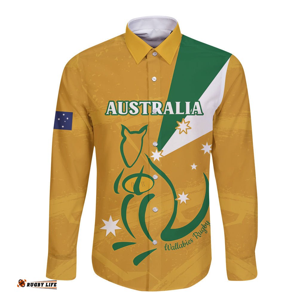Custom Australia Rugby Long Sleeve Button Shirt 2024 Wallabies Grunge Style