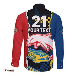 Custom Text And Number NRL Combine Dolphins and Parra Eels Long Sleeve Button Shirt Simple Style